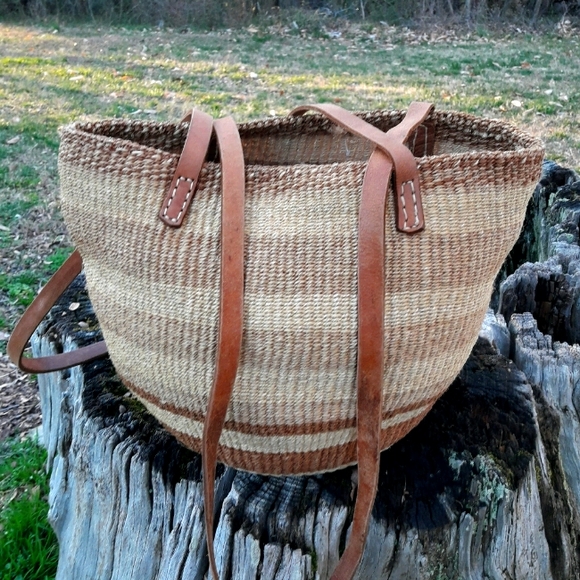 Woven Bag Leather Straps Real Vintage Wicker Tote